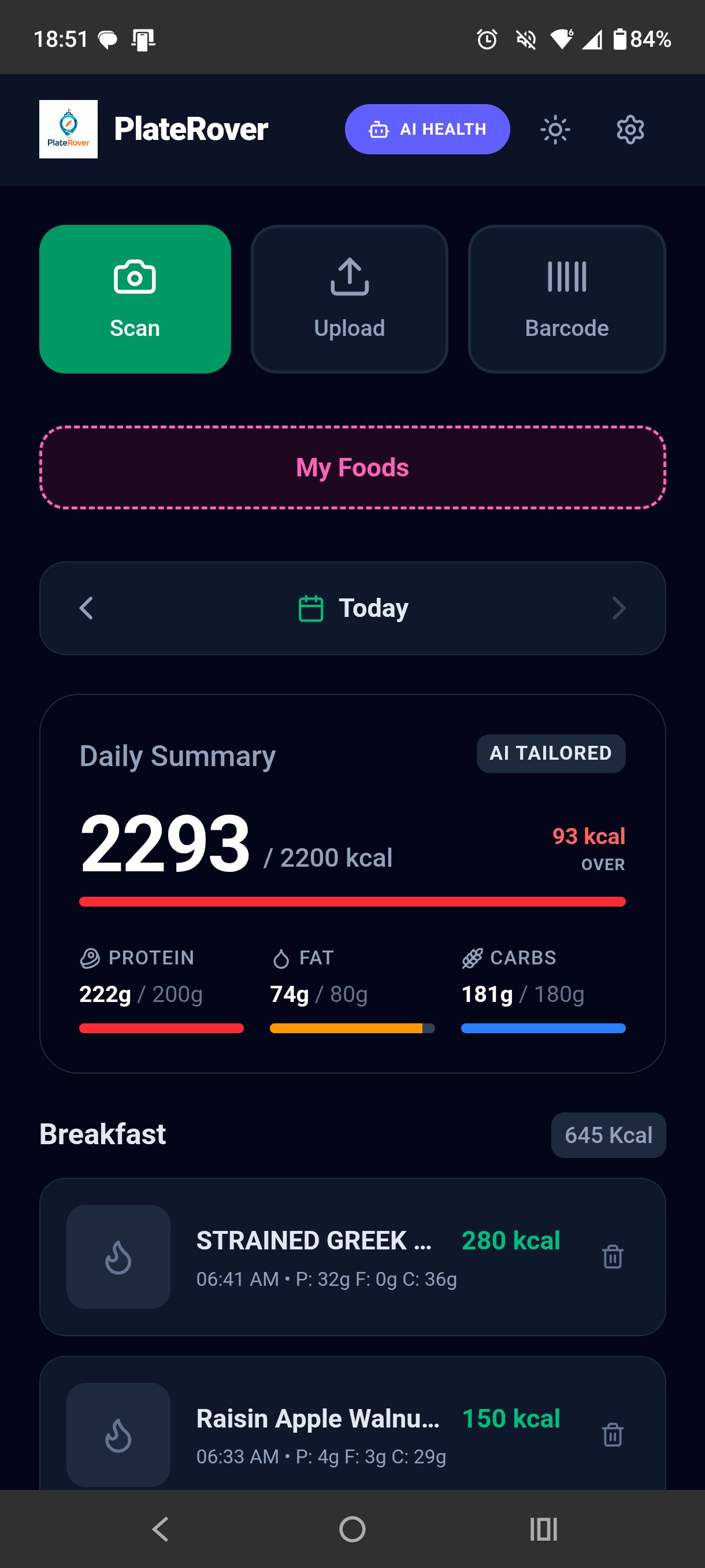 PlateRover daily summary displaying calorie progress and protein, fat, and carbohydrate totals above meal entries