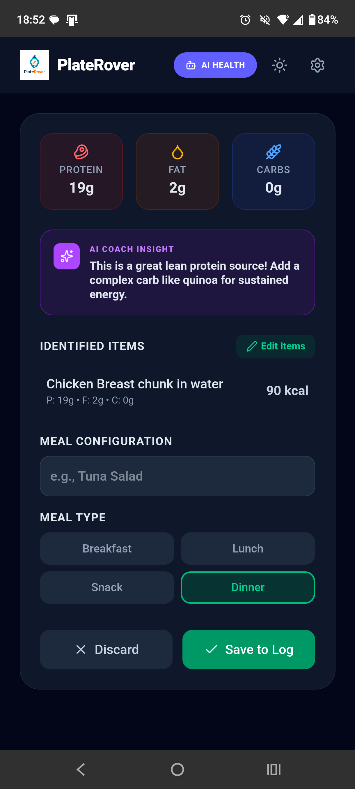 PlateRover food result with estimated protein, fat, and carbohydrate values ready to edit or save